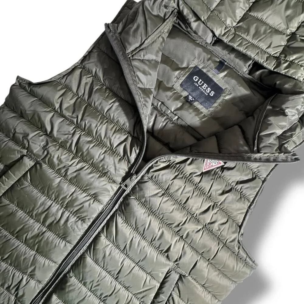 Guess Green Full Zip Hooded Light Puffer Vest Women Pockets 90s Atheleisure - Picture 3 of 9